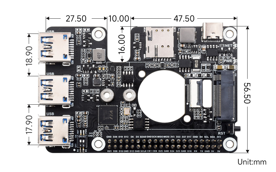 PCIe to M.2 4G/5G And USB 3.2 HAT for Raspberry Pi 5, outline dimensions