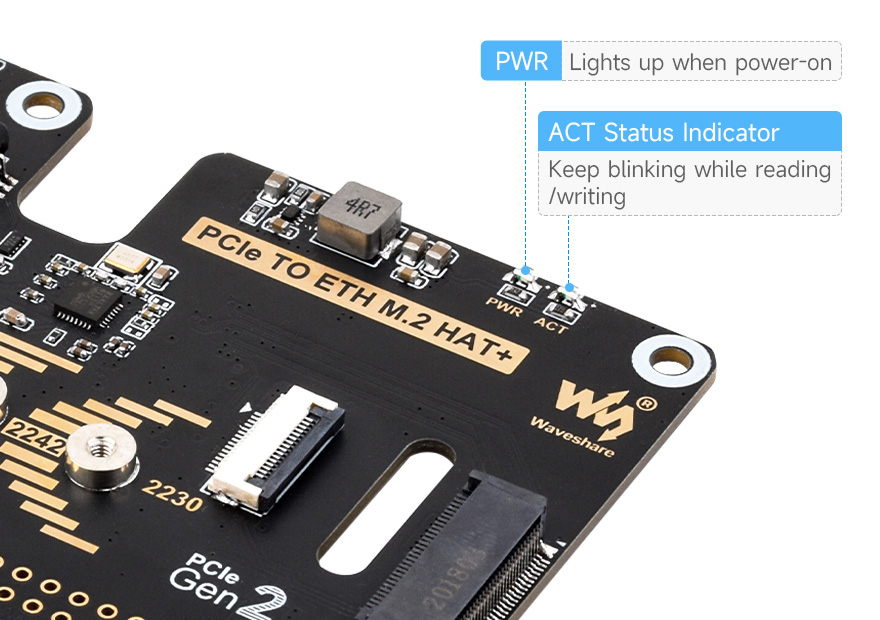 PCIe To ETH and M.2 Adapter for Raspberry Pi 5, onboard dual LED indicators