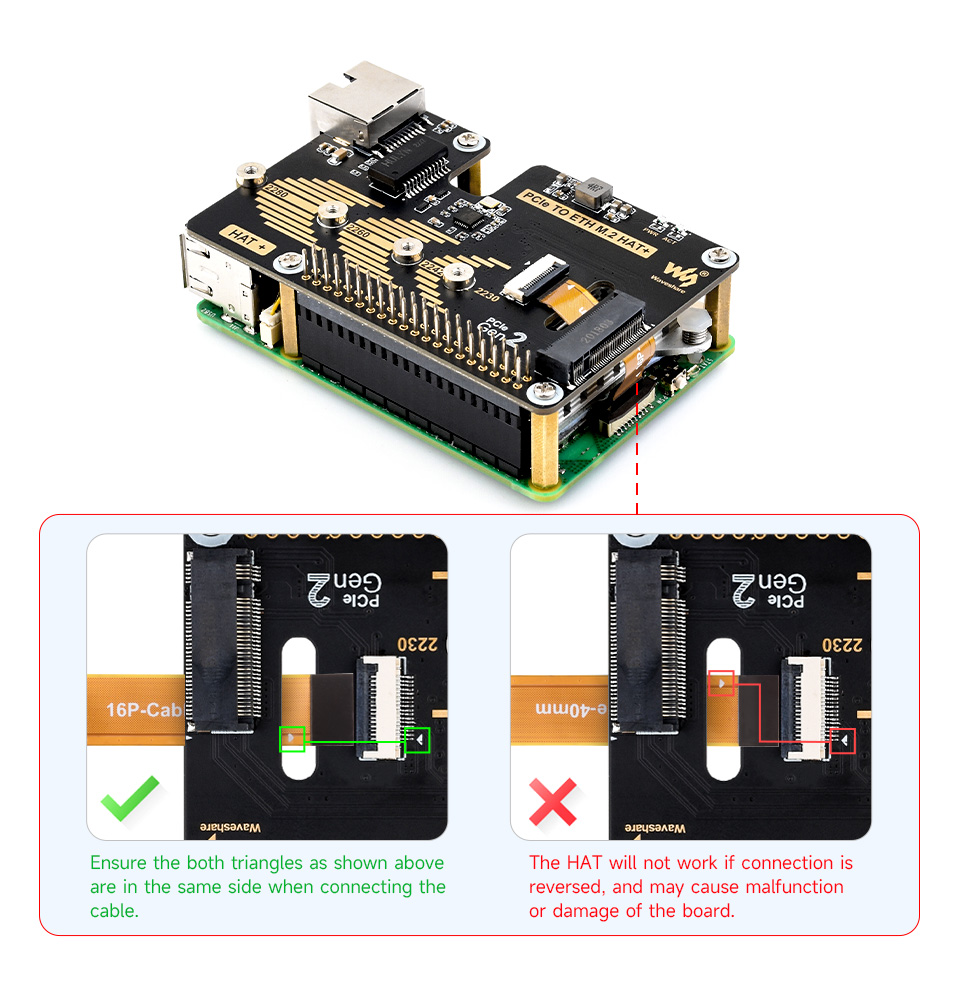 PCIe To ETH and M.2 Adapter for Raspberry Pi 5, connecting to PI5 via 16PIN cable