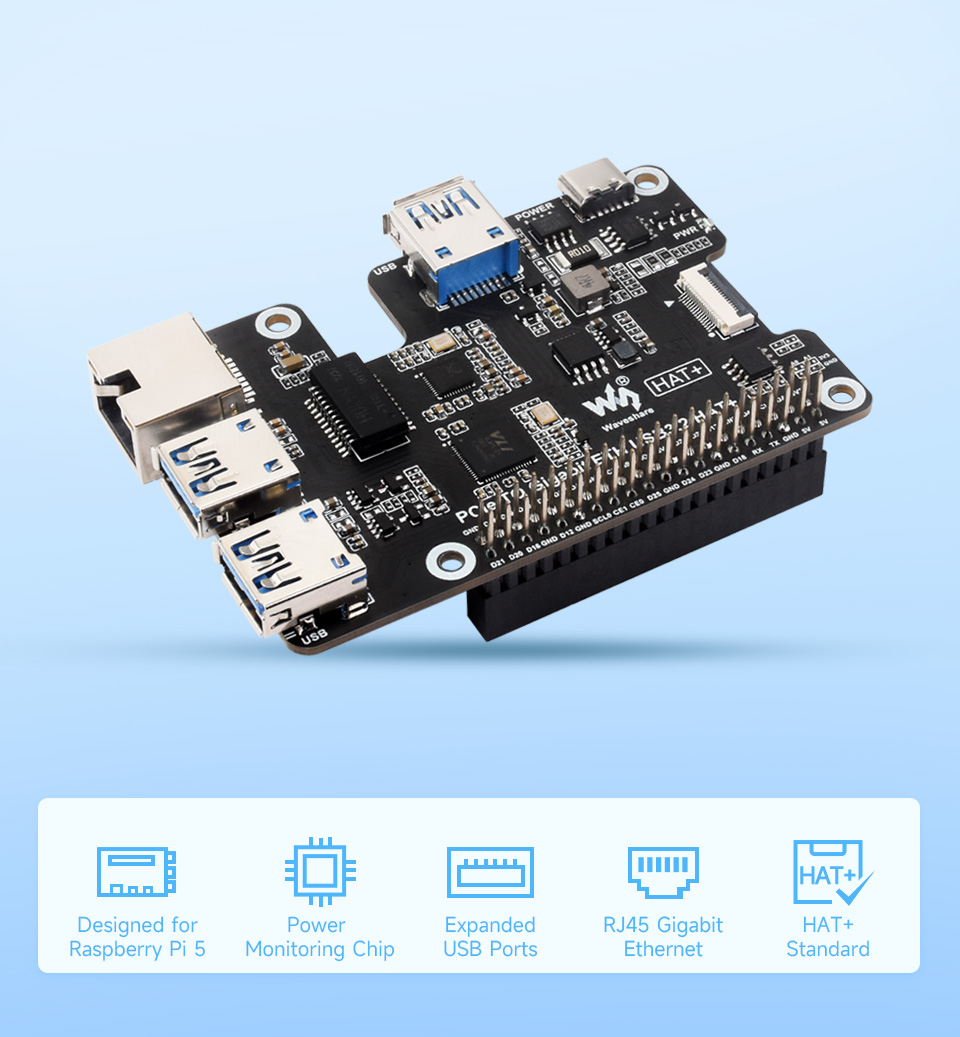 PCIe To Gigabit Ethernet And USB 3.2 Gen1 HAT for Raspberry Pi 5, front view and features