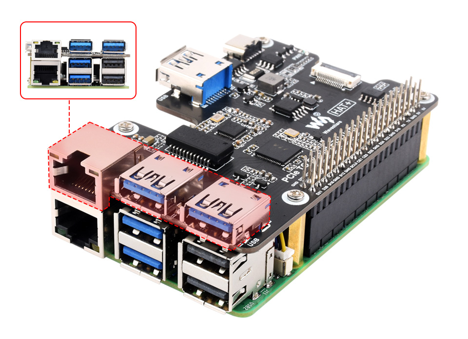 PCIe To Gigabit Ethernet And USB 3.2 Gen1 HAT for Raspberry Pi 5, extends to 1x Gigabit Ethernet port