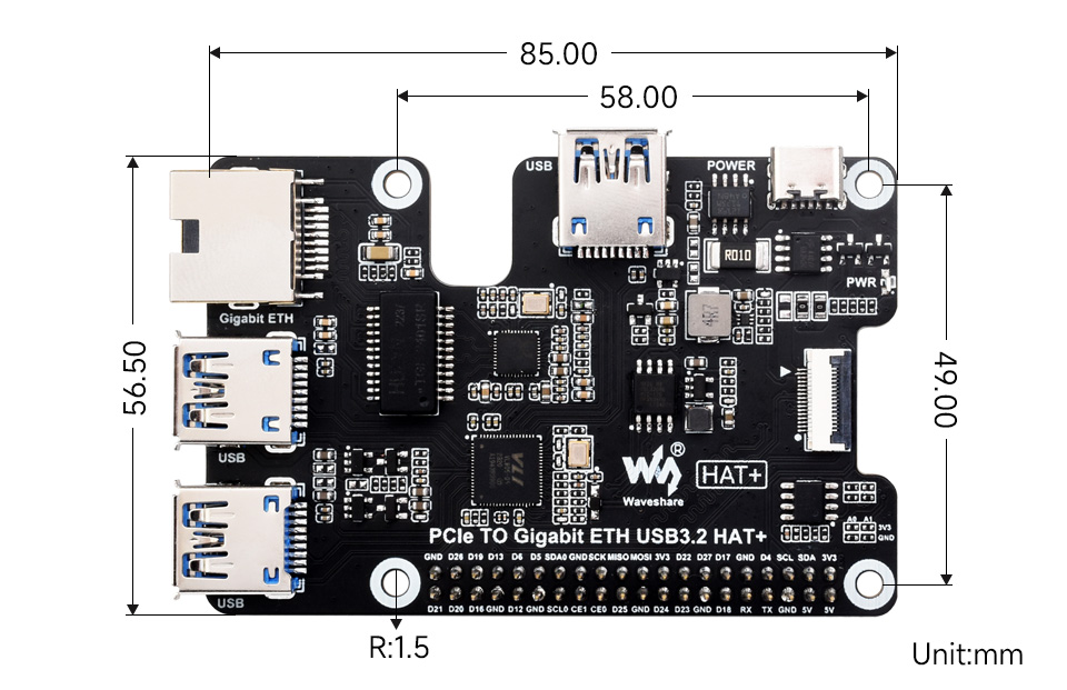 PCIe To Gigabit Ethernet And USB 3.2 Gen1 HAT, outline dimensions