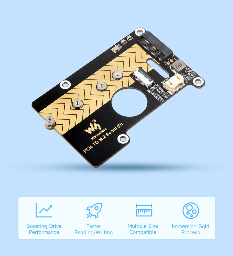 PCIe To M.2 Adapter Board for Raspberry Pi 5, front view and features