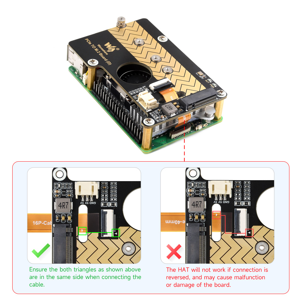 PCIe To M.2 Adapter Board for Raspberry Pi 5, connecting to PI5 via 16PIN cable