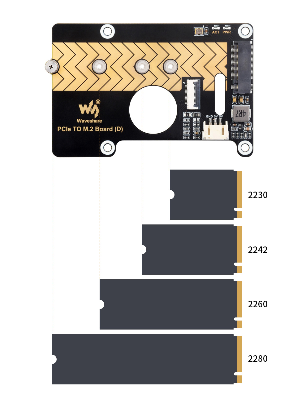 PCIe To M.2 Adapter Board for Raspberry Pi 5, compatible With 2280 / 2260 / 2242 / 2230 Size M.2 Solid State Drive