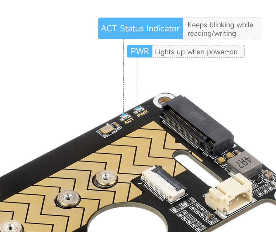 PCIe To M.2 Adapter Board for Raspberry Pi 5, onboard dual LED indicators