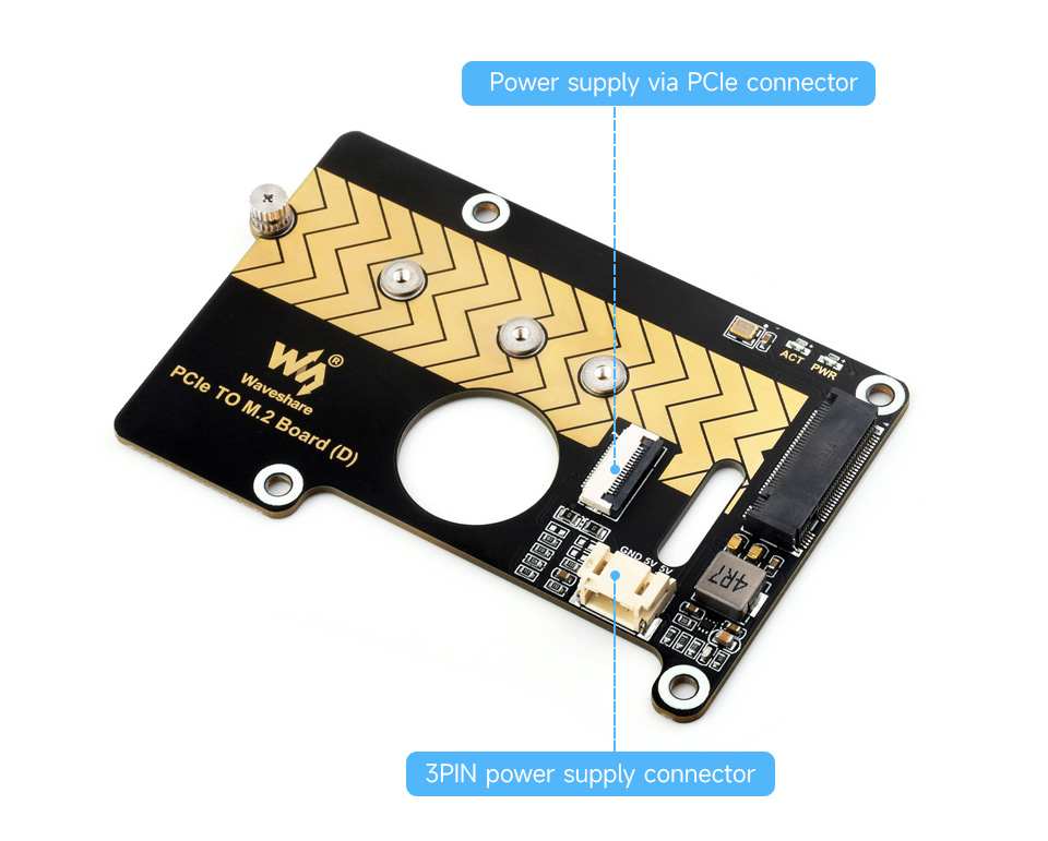 PCIe To M.2 Adapter Board for Raspberry Pi 5, supports two power supply methods