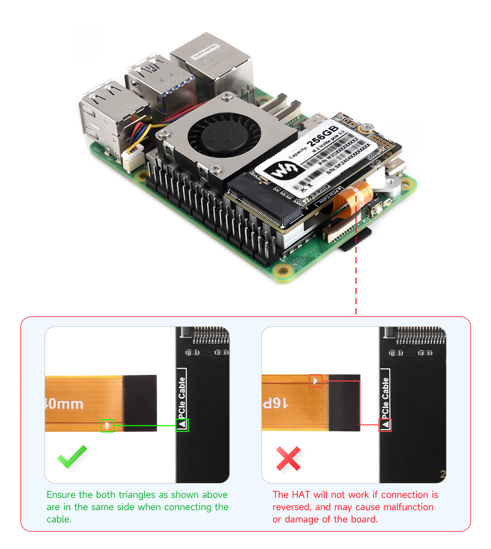 PCIe To M.2 Adapter Board (E) for Raspberry Pi 5, connecting to PI5 via 16PIN cable