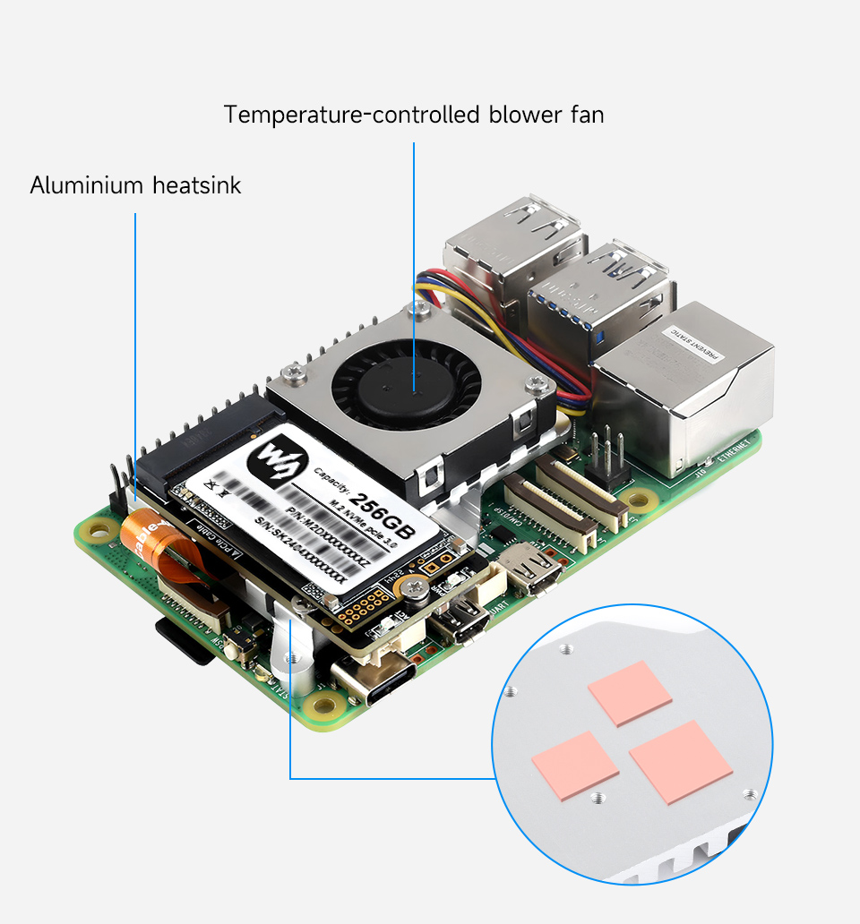 PCIe To M.2 Adapter Board (E) for Raspberry Pi 5, onboard cooling fan