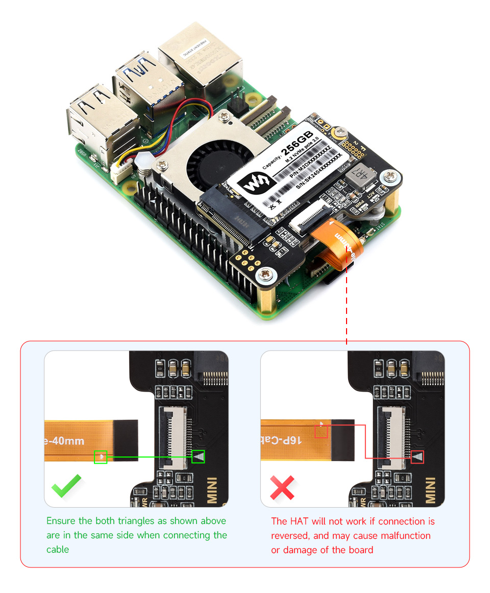 PCIe TO M.2 MINI Adapter, connecting to PI5 via 16PIN cable