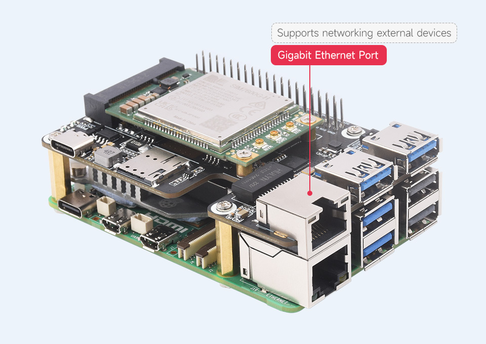 PCIe to MiniPCIe / Gigabit Ethernet / USB 3.2 Gen1 HAT for Raspberry Pi 5, extends 1x Gigabit Ethernet port