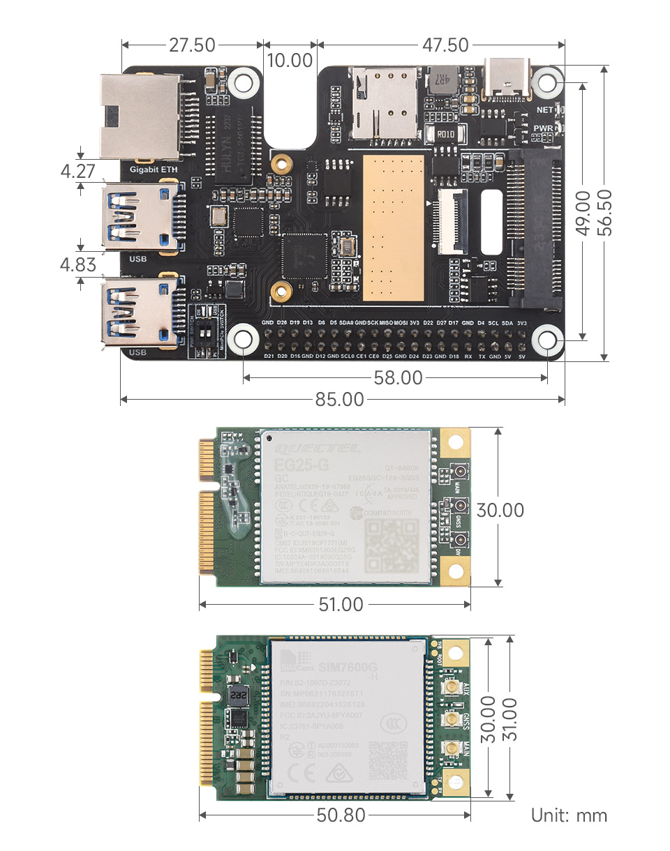 PCIe to MiniPCIe / Gigabit Ethernet / USB 3.2 Gen1 HAT for Raspberry Pi 5, outline dimensions