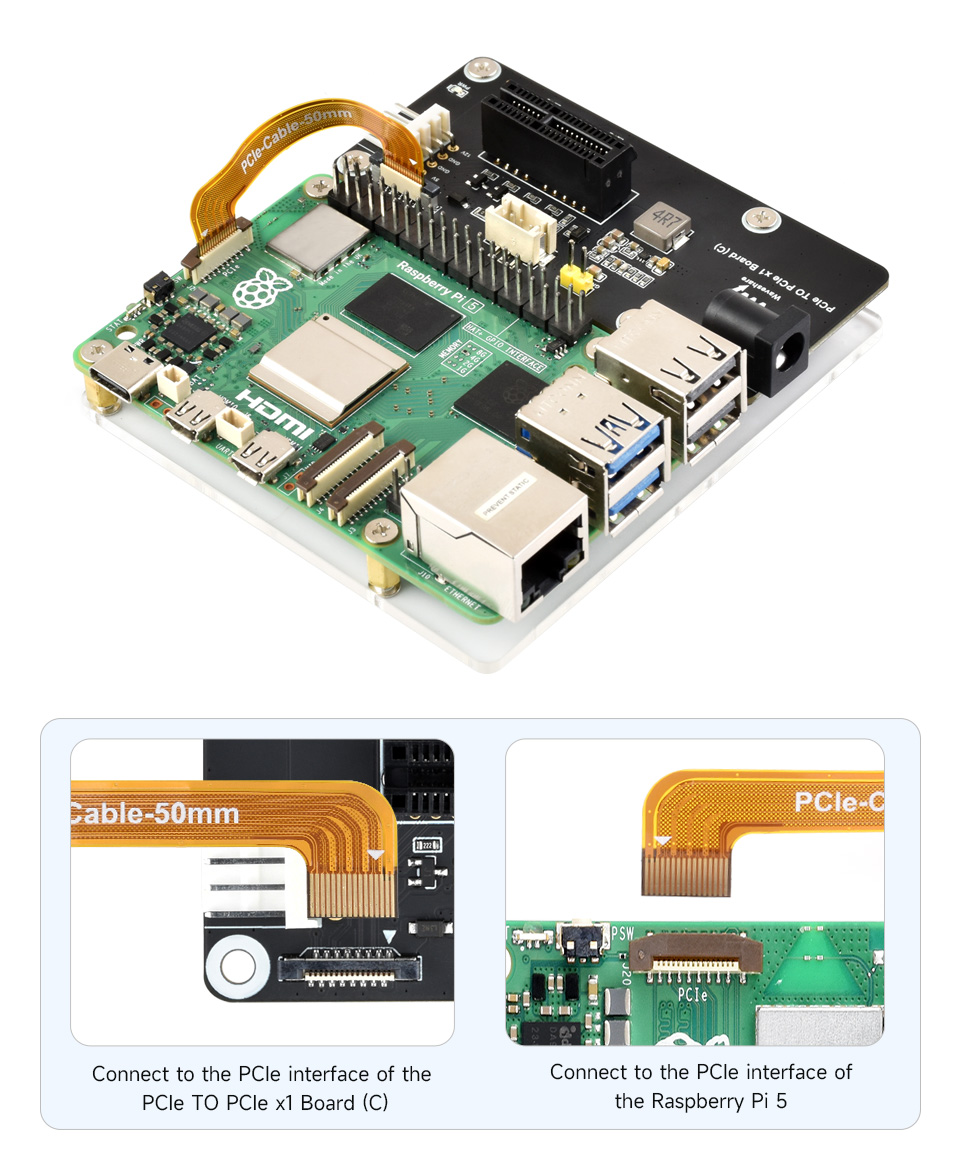 PCIe FFC Connector To Standard PCIe x1 Slot Adapter Board, connecting to PI5 via 16PIN cable