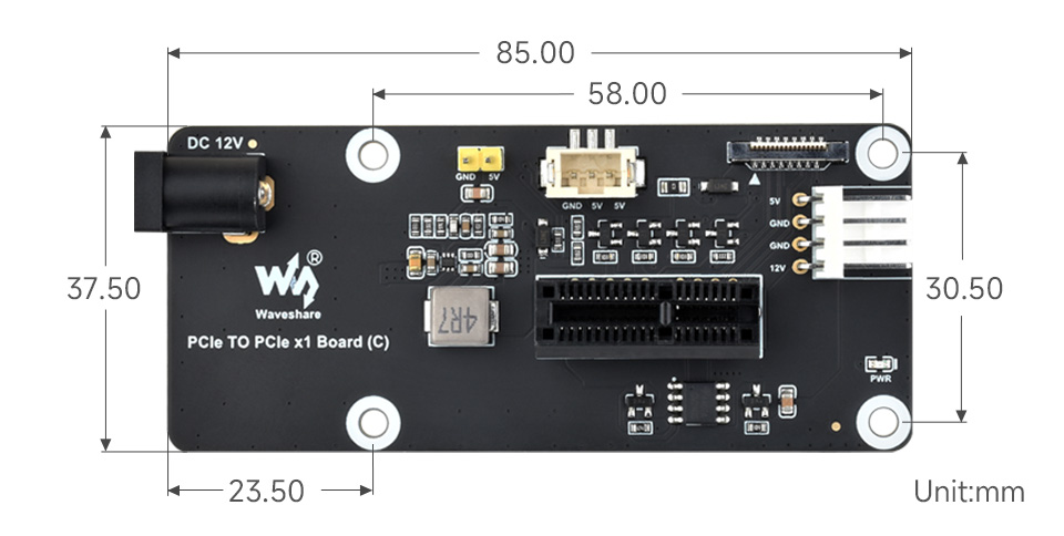 PCIe FFC Connector To Standard PCIe x1 Slot Adapter Board, outline dimensions