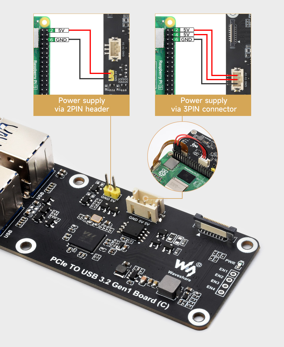 PCIe to 4-ch USB3.2 Gen1 Board (C), supports two power supply methods