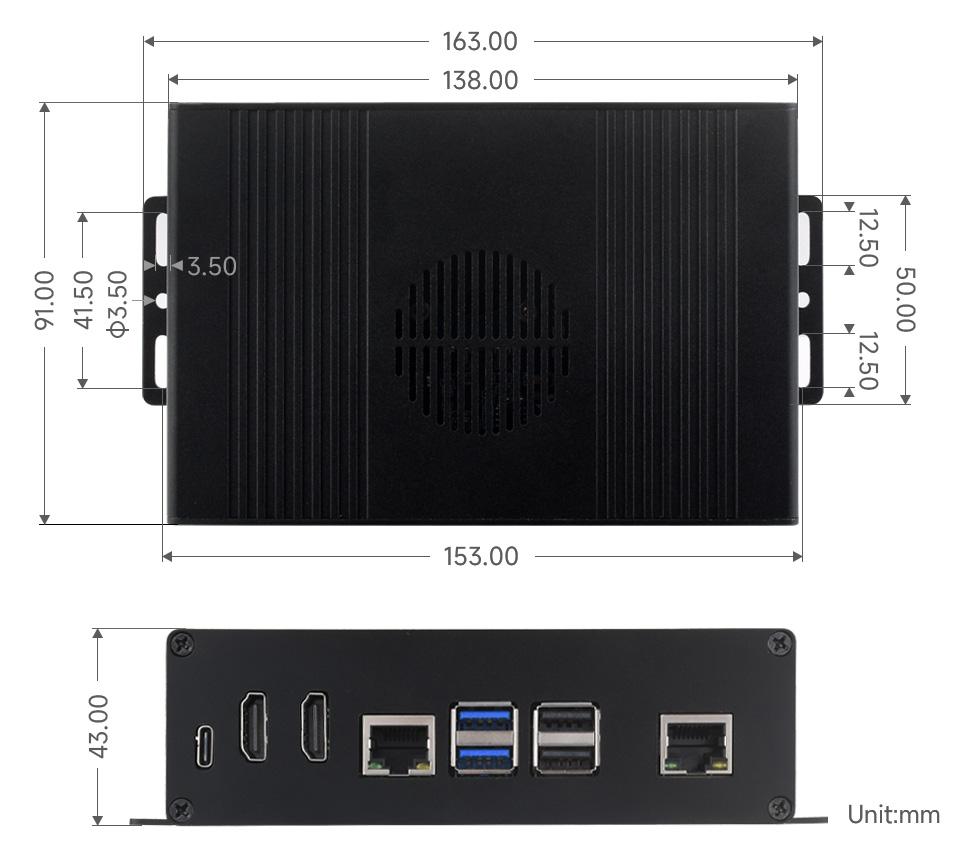 Mini-Computer Kit for Raspberry Pi 5, outline dimensions