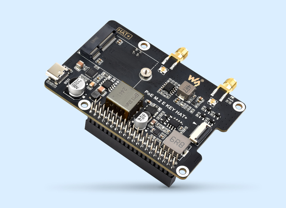 PCIe To M.2 E KEY Adapter With PoE for Raspberry Pi 5, front view and features