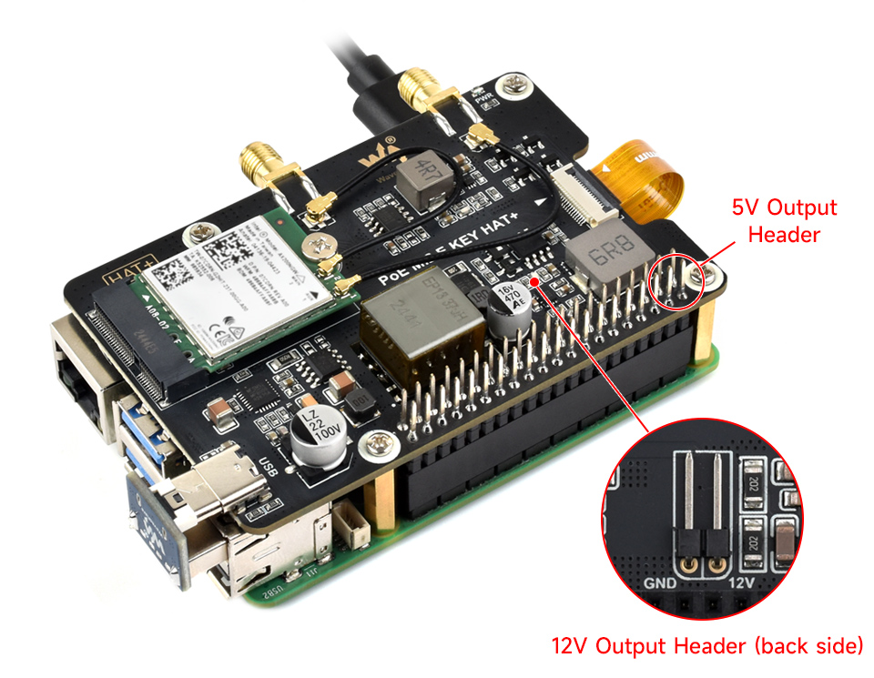 PCIe To M.2 E KEY Adapter With PoE HAT, onboard 5V & 12V header outputs