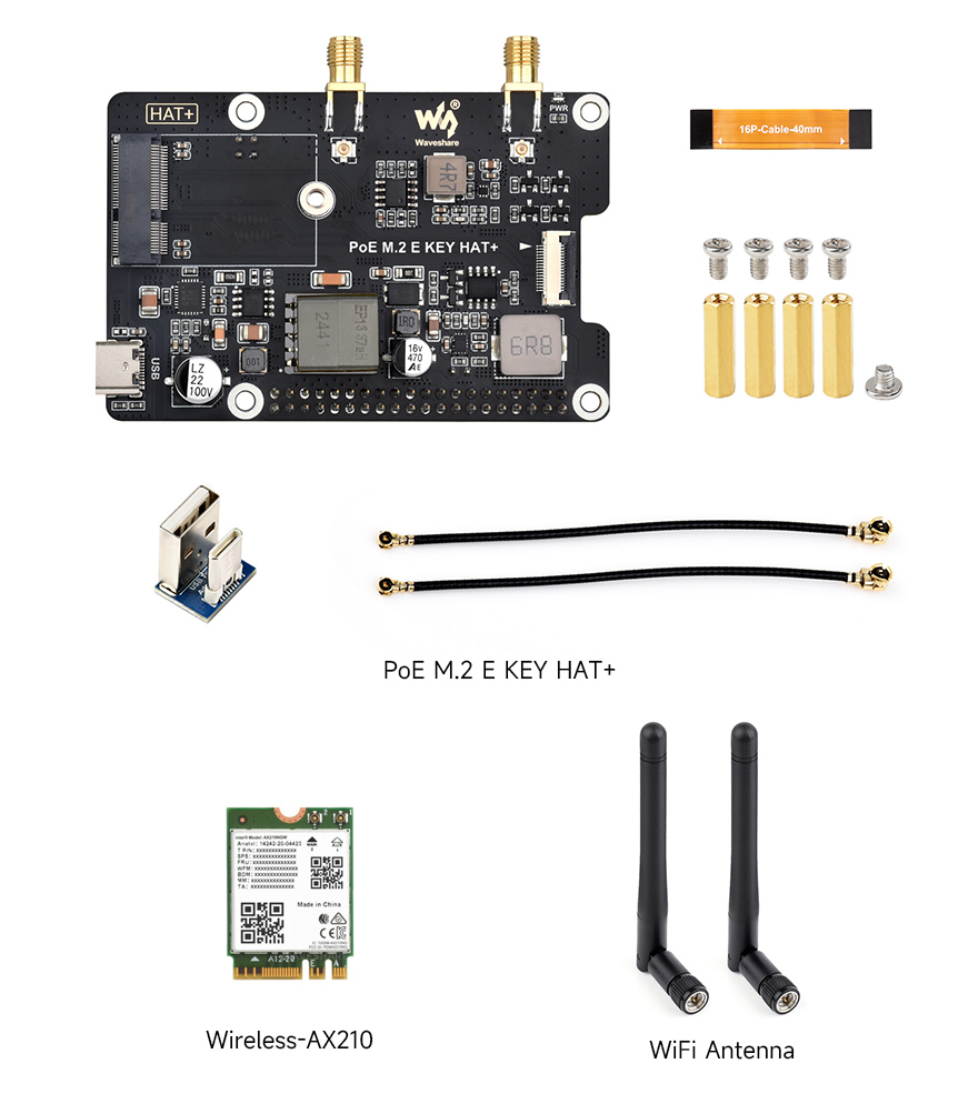 PCIe To M.2 E KEY Adapter With PoE for Raspberry Pi 5, PoE M.2 E KEY HAT+ Acce A