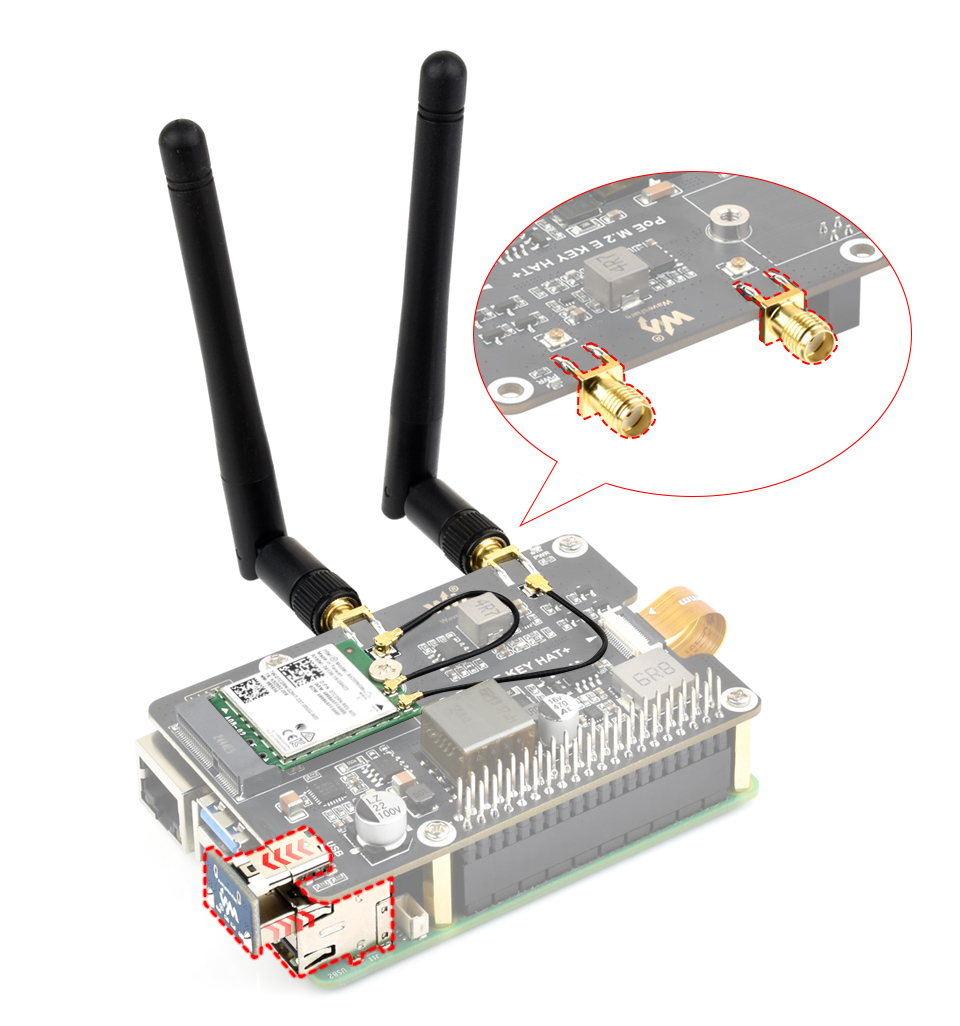 PCIe To M.2 E KEY Adapter With PoE for Raspberry Pi 5, onboard SMA female antenna connector