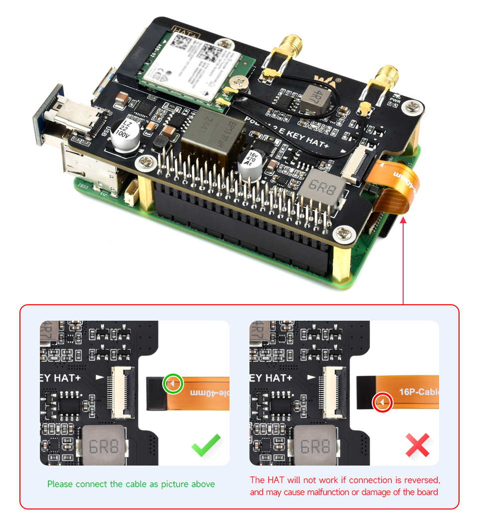 PCIe To M.2 E KEY Adapter With PoE for Raspberry Pi 5, connecting to PI5 via 16PIN cable