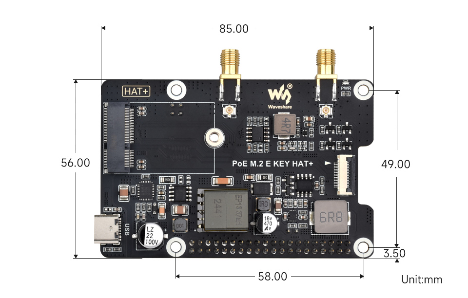 PCIe To M.2 E KEY Adapter With PoE for Raspberry Pi 5, outline dimensions