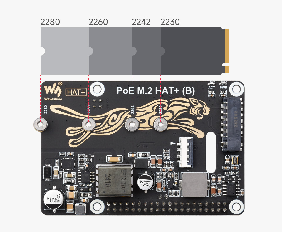 PCIe To M.2 with PoE HAT (B), compatible With 2230 / 2242 / 2260 / 2280 Size M.2 Solid State Drive