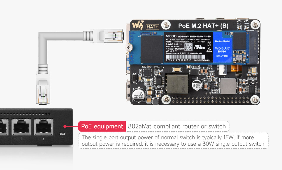 PCIe To M.2 with PoE HAT (B), with PoE function