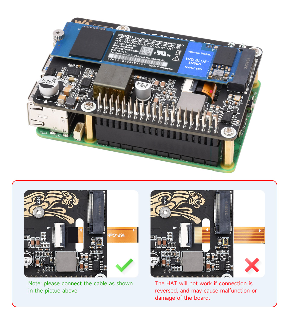 PCIe To M.2 with PoE HAT (B), connecting to PI5 via 16PIN cable