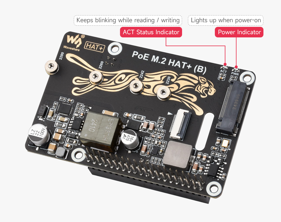 PCIe To M.2 with PoE HAT (B), onboard dual LED indicators