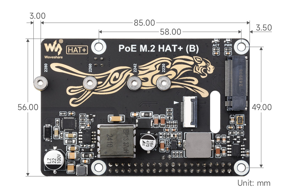 PCIe To M.2 with PoE HAT (B), outline dimensions