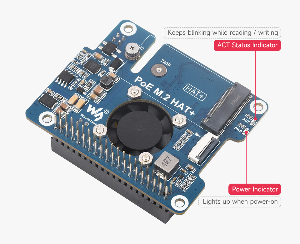 PCIe To M.2 with PoE HAT, onboard dual LED indicators