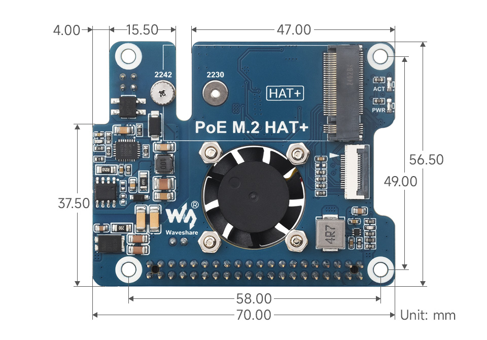 PCIe To M.2 with PoE HAT, outline dimensions