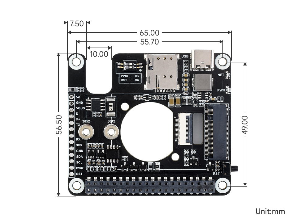 PCIe To 5G HAT for Raspberry Pi 5, outline dimensions