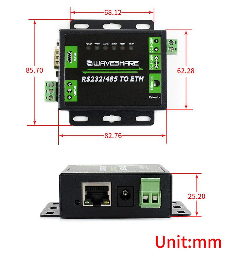 Industrial RS232/RS485 to Ethernet Converter, EU head