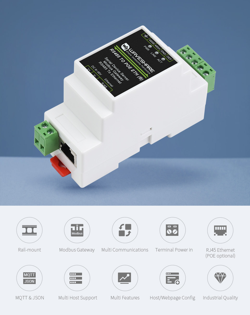 DIN Rail RS485 Serial to Ethernet Converter TCP IP Server Module Support  Modbus