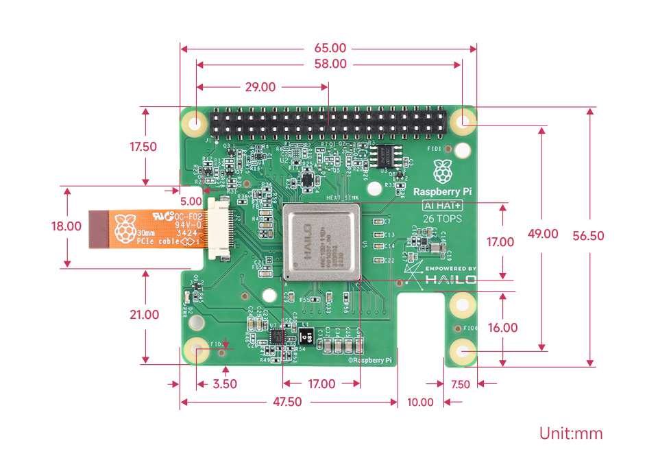 Raspberry Pi AI HAT+, outline dimensions