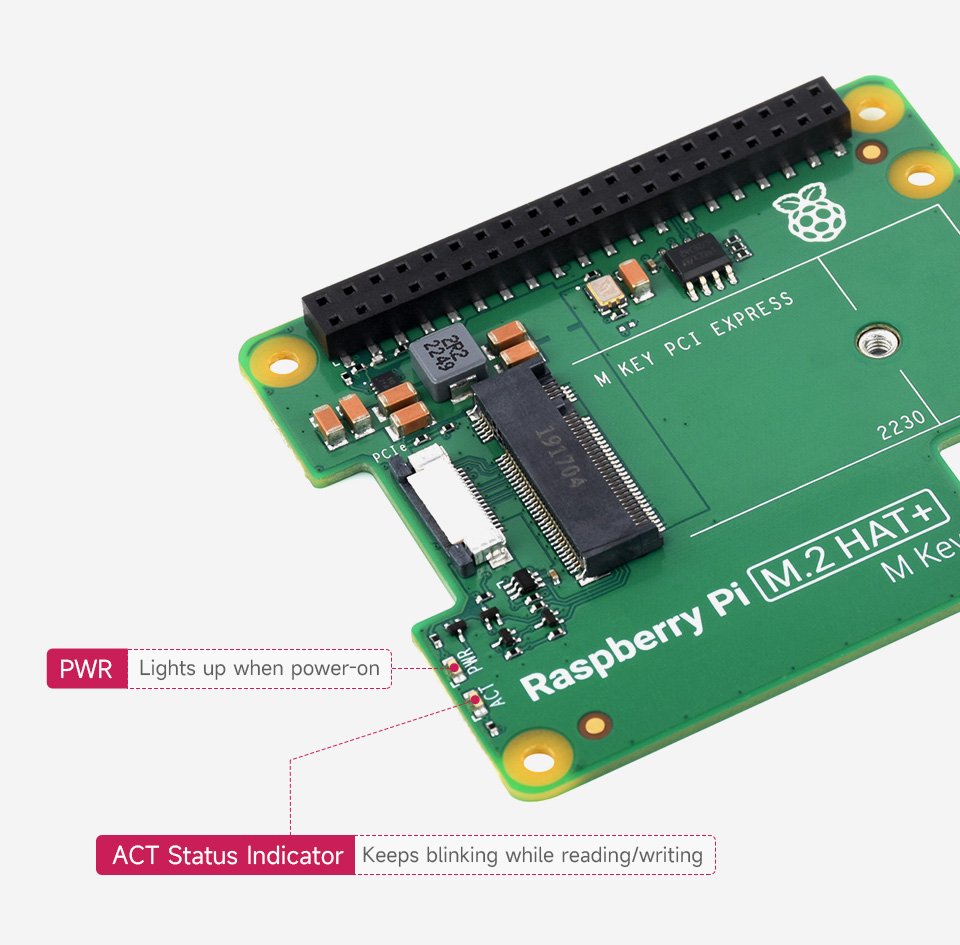 Raspberry Pi M.2 HAT+, onboard dual LED indicators