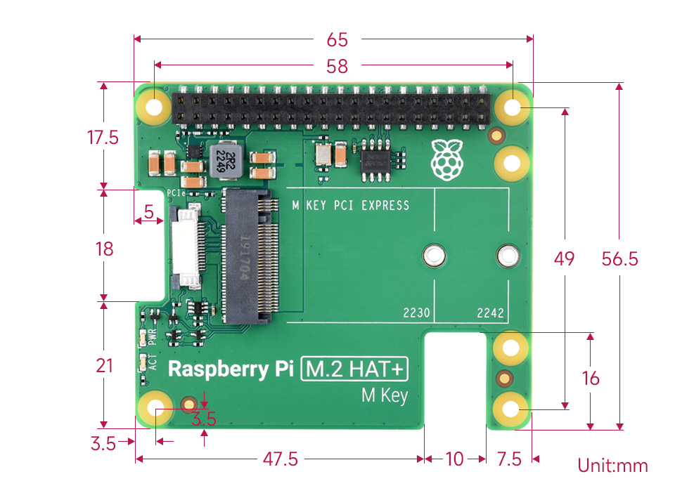 Raspberry Pi M.2 HAT for Raspberry Pi 5, outline dimensions