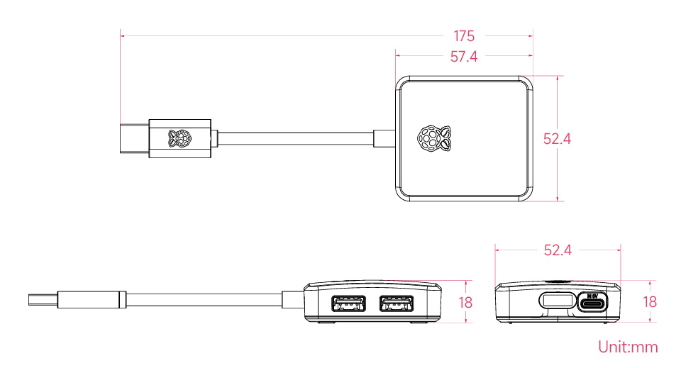 Raspberry Pi USB 3 Hub, outline dimensions