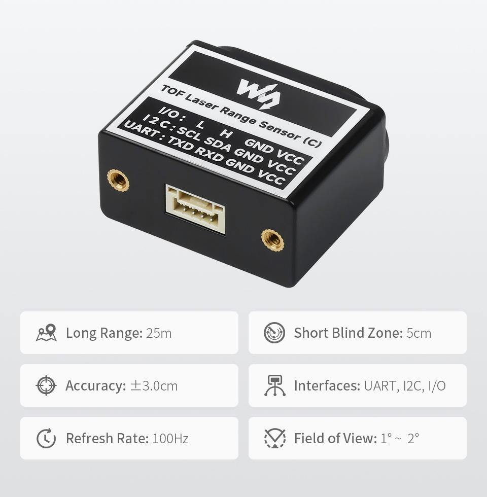 TOF (time of flight) Laser Range Sensor, front view and features