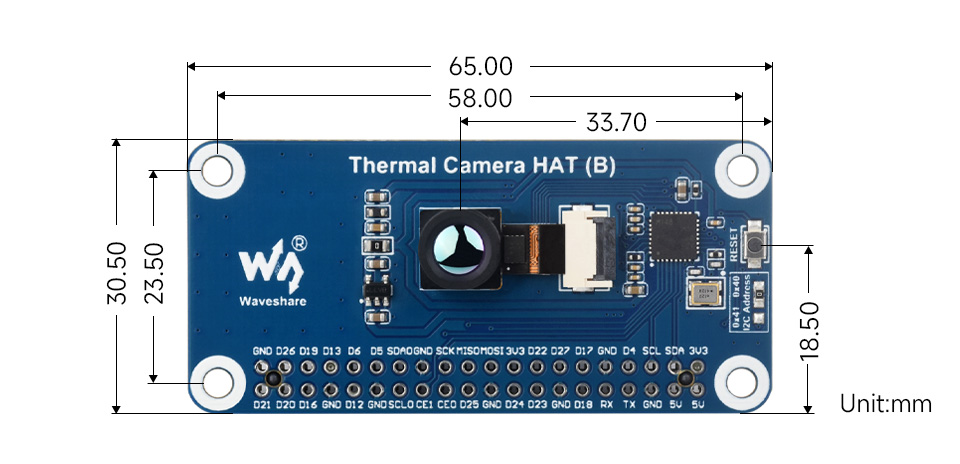 Thermal-45 Camera HAT (B), outline dimensions