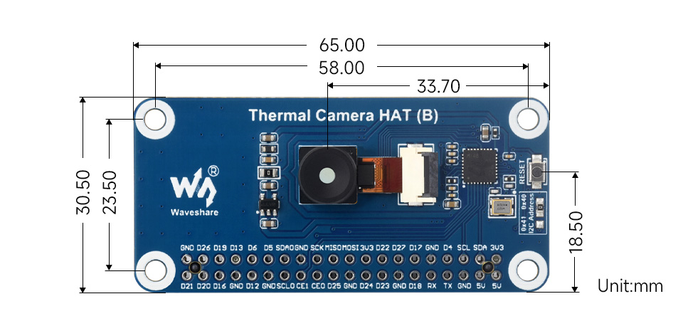 Thermal-90 Camera HAT (B), outline dimensions