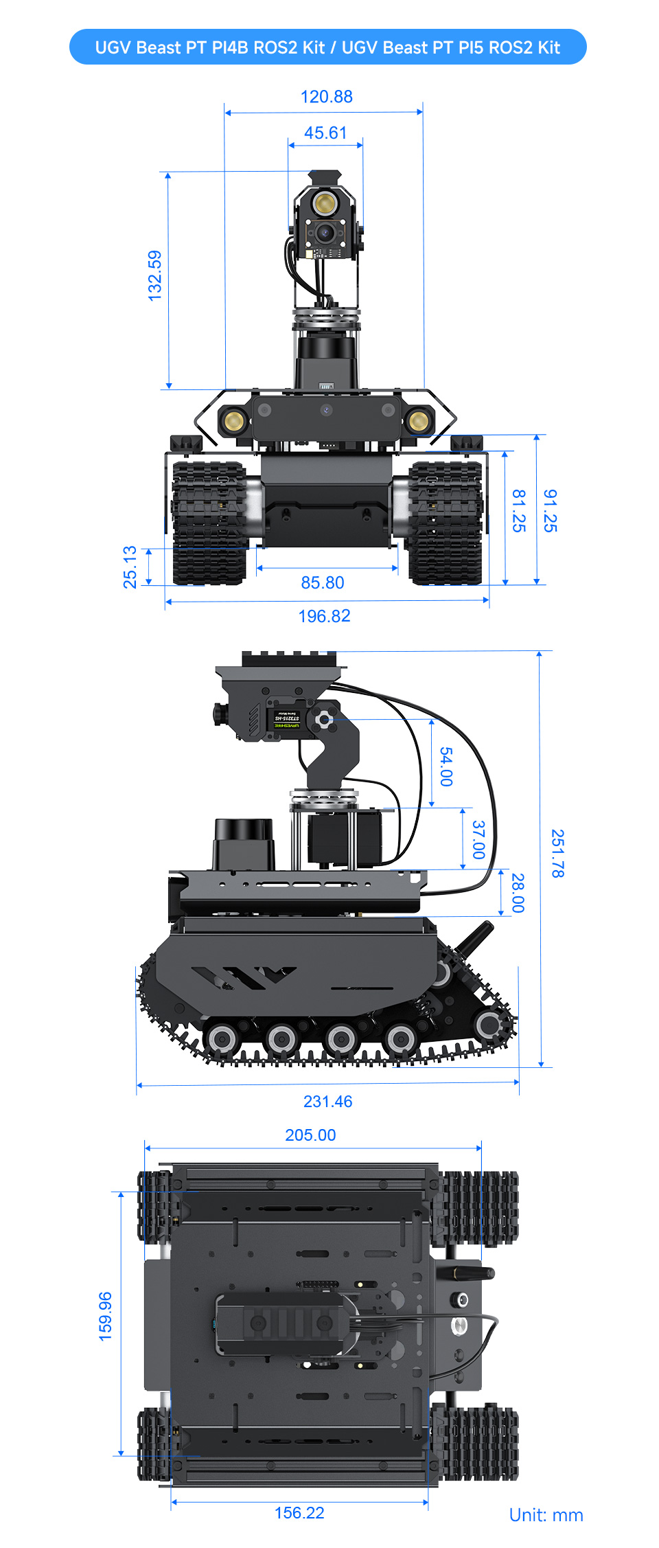 UGV Beast PT AI Kit, outline dimensions