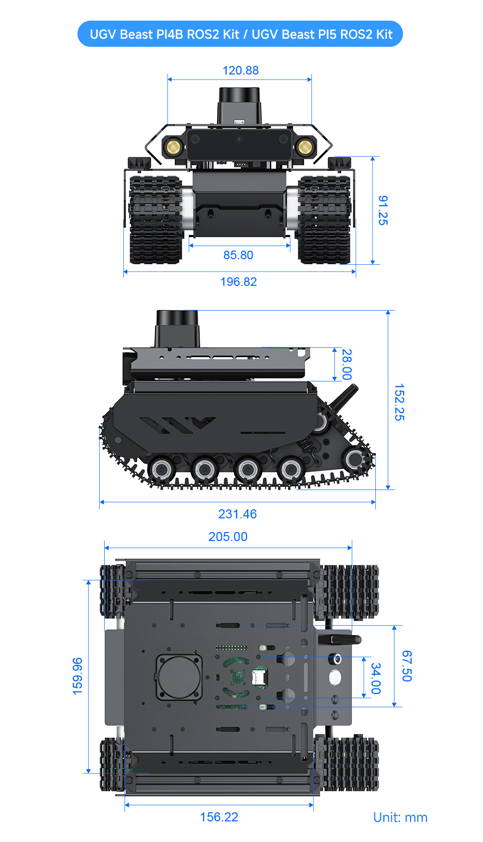 UGV Beast AI Kit without PT module, outline dimensions