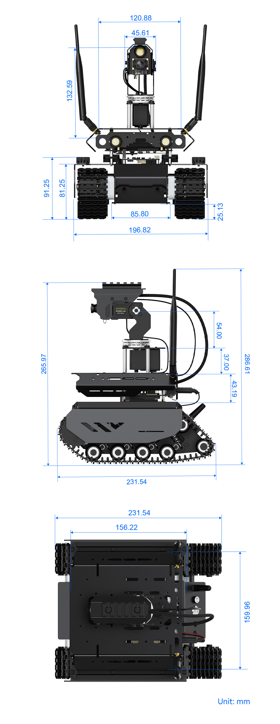 UGV Beast PT Jetson Orin AI Kit, outline dimensions