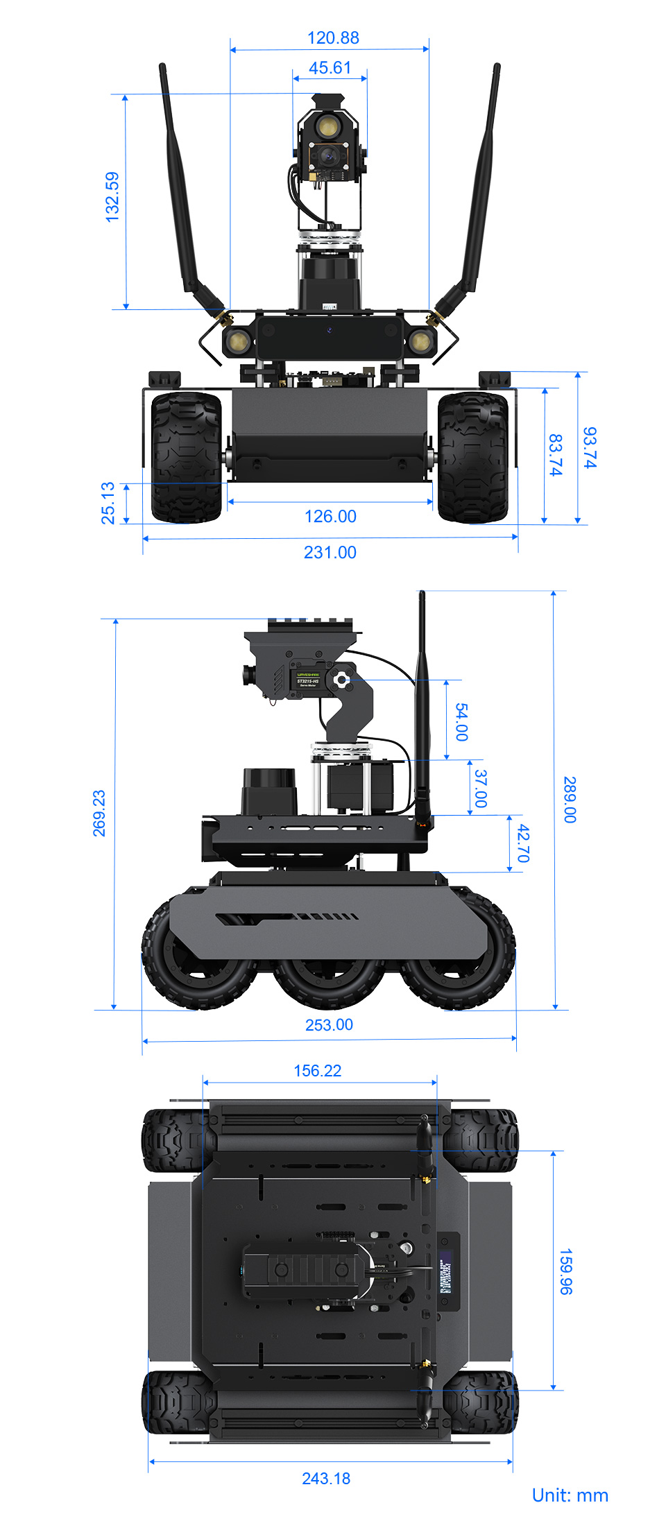 UGV Rover PT Jetson Orin ROS2 Kit, outline dimensions