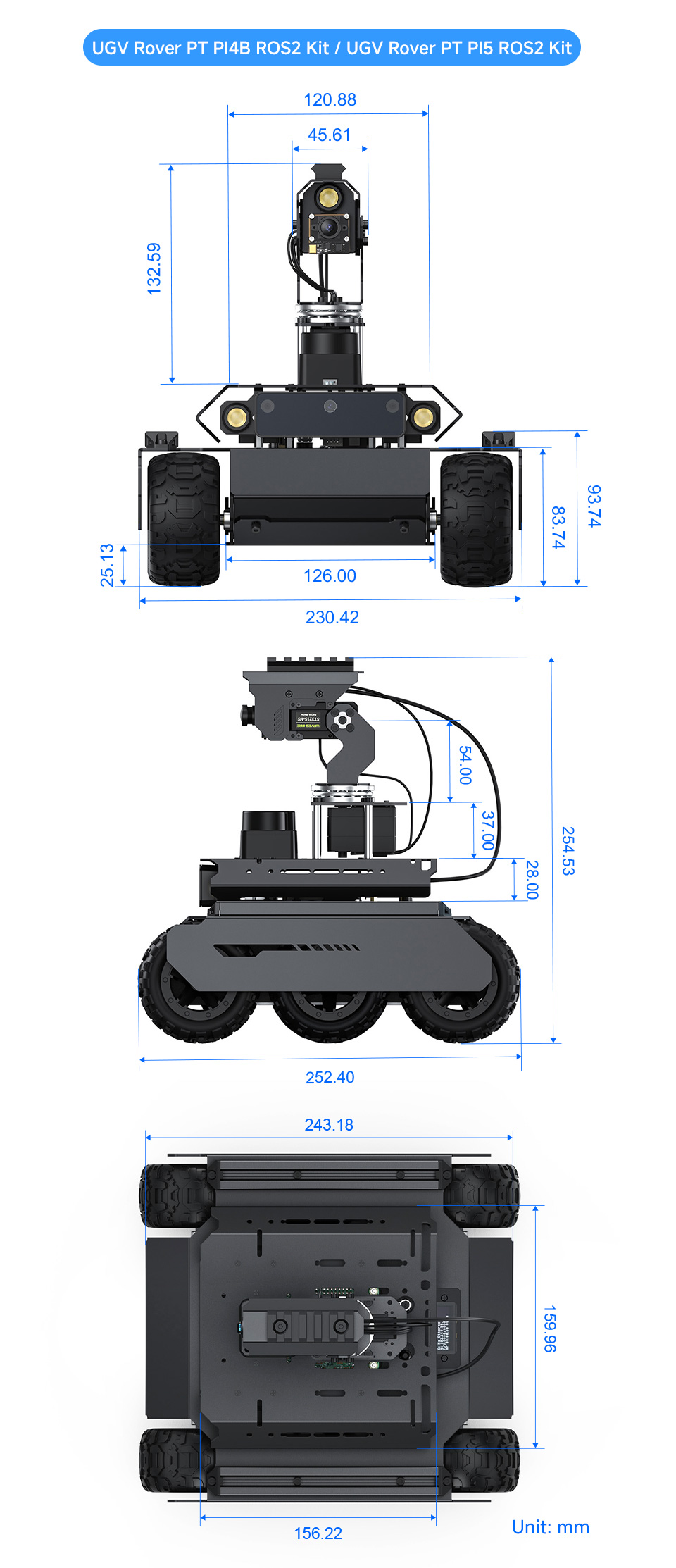 UGV Rover PT AI Kit, outline dimensions