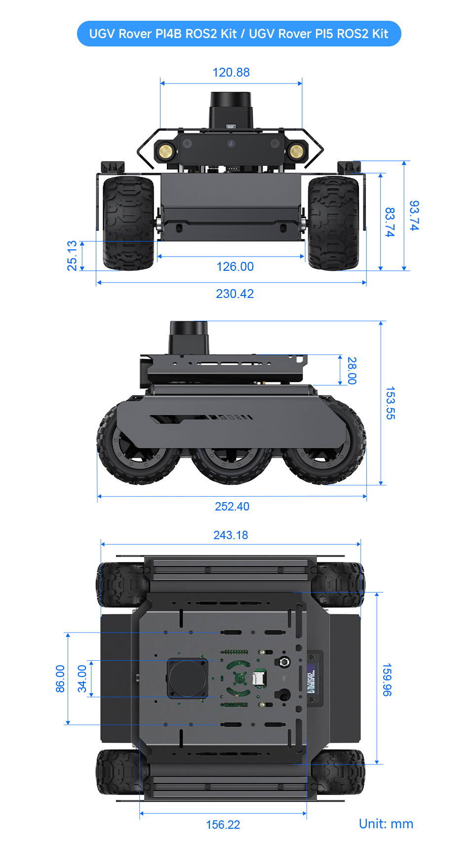 UGV Rover AI Kit without PT module, outline dimensions