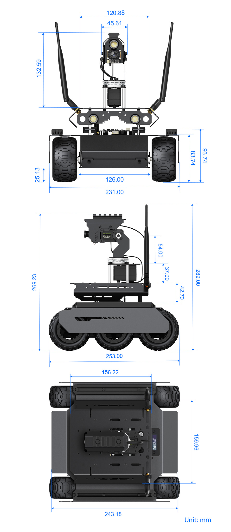 UGV Rover PT Jetson Orin AI Kit, outline dimensions